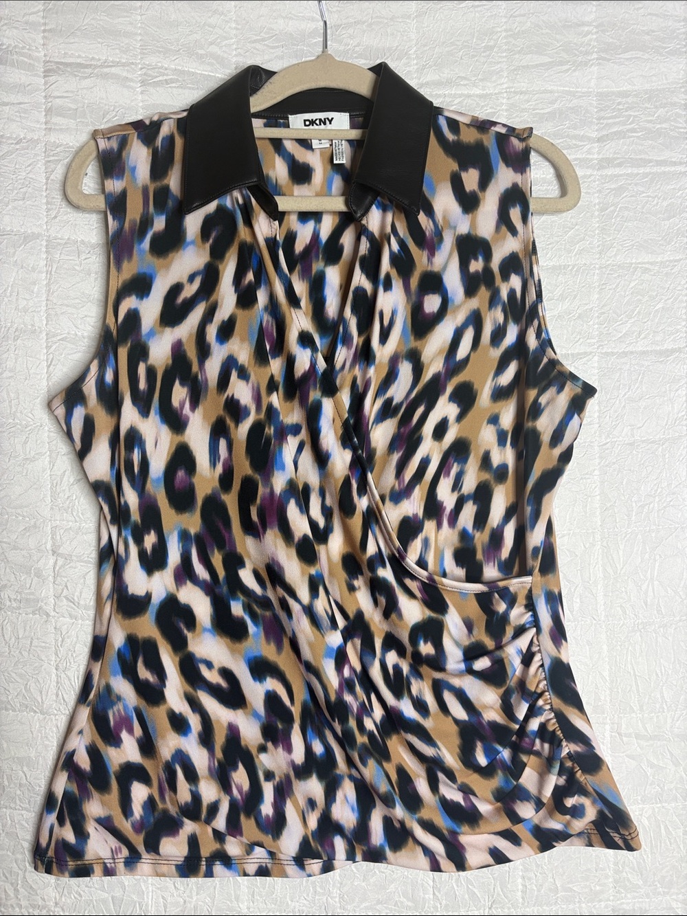 DKNY Leopard Print Faux Wrap Sleeveless Blouse Black Collar Mediu